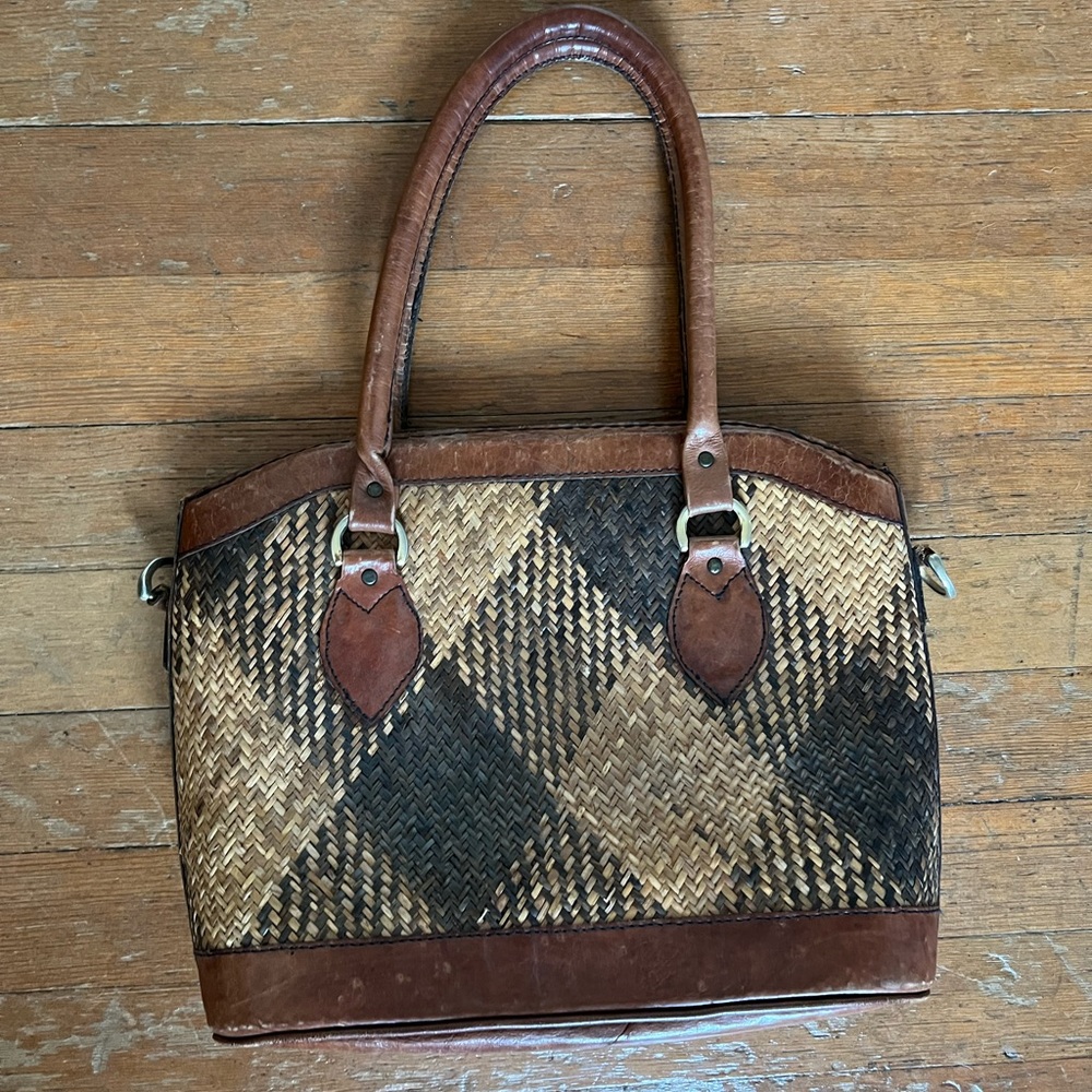 Leather and rattan vintage plaid purse